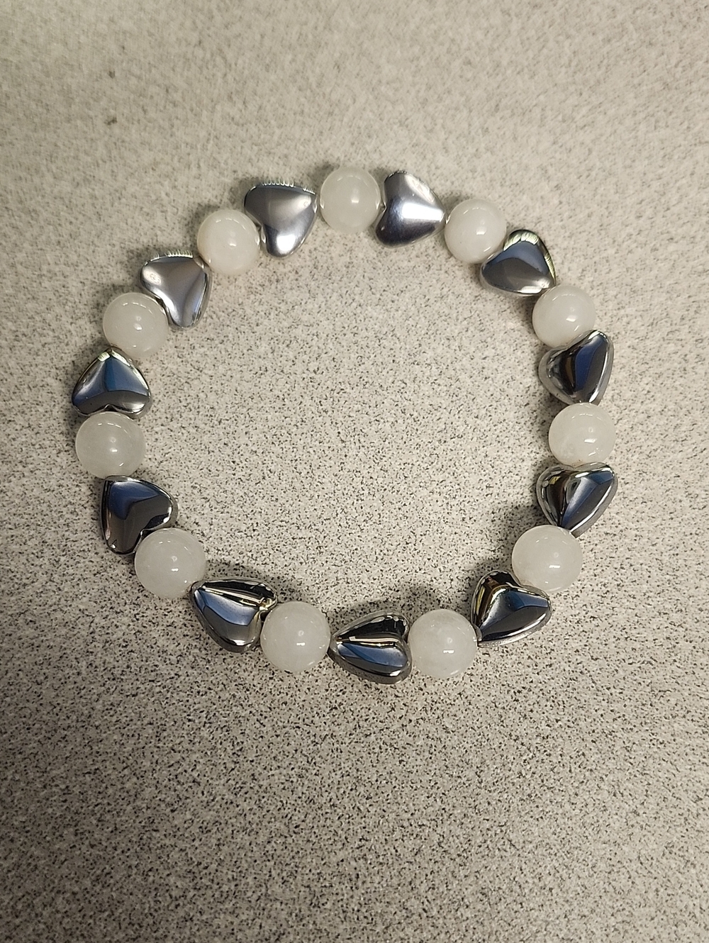 Handmade White Quartz And Silver Hematite Hearts Beaded Bracelet